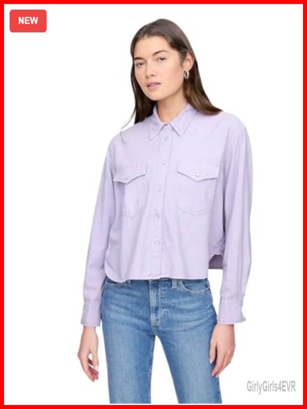 Gap Cropped Denim Button-Up Shirt Long Sleeve Chest Pockets Crew Neck